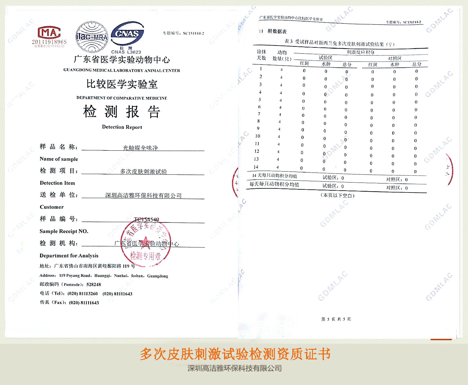 高潔雅——多次皮膚刺激實驗檢測資質(zhì)證書